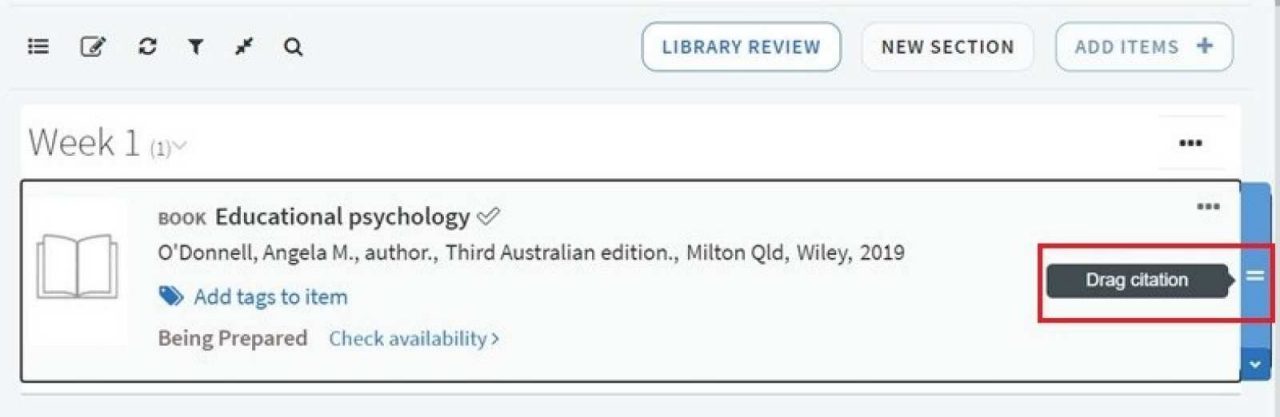 Blu bar to move or drag citation in Reading List 