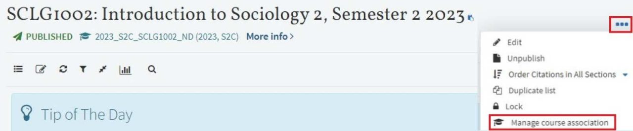 Manage course association button in Reading List 