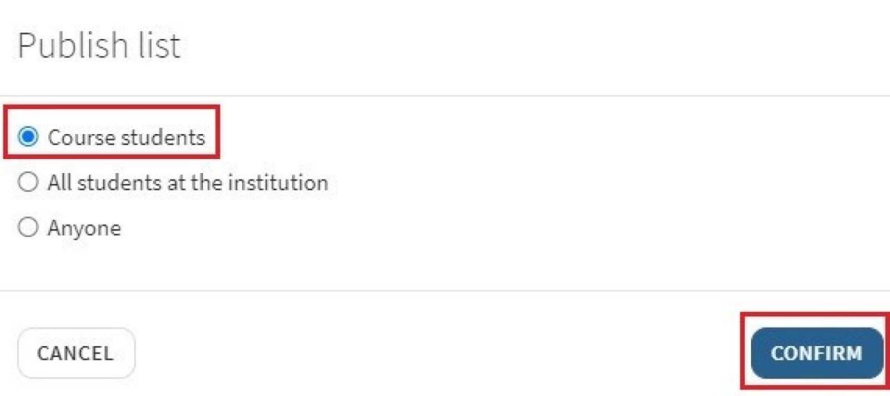 Publish list to course students confirm button in Reading List